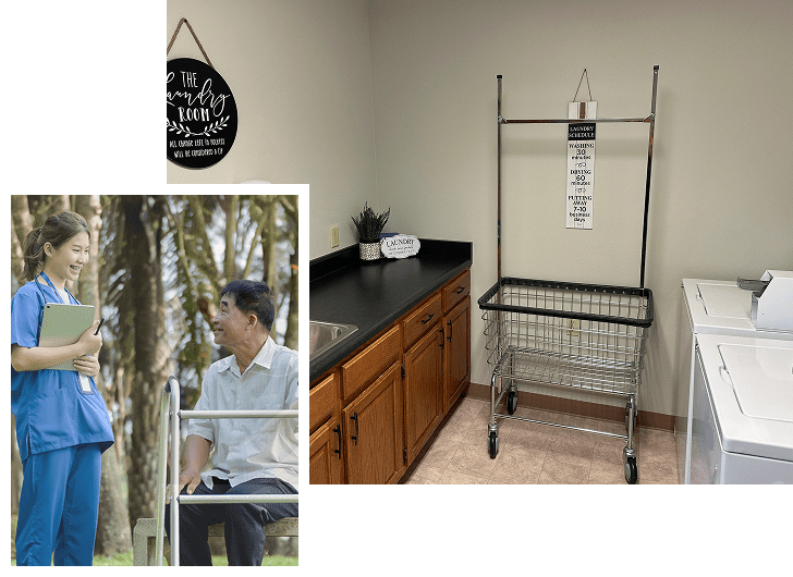A laundry room with a wooden cabinet and black countertop, a small potted plant, a laundry schedule on the wall, a metal laundry cart, and a washing machine. An inset photo shows a young nurse talking to an elderly man with a walker outdoors among trees.