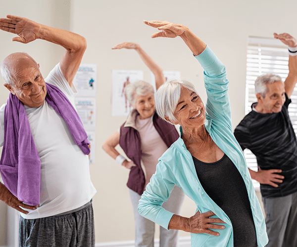 Group of elderly people participating in a seated stretching or exercise class, standing with arms raised and smiling.