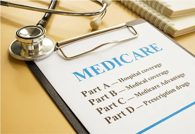 A Medicare document on a clipboard with a stethoscope resting on top. The document lists parts of Medicare coverage: Part A, Part B, Part C, and Part D. There is also a Medicare card partially visible in the background.