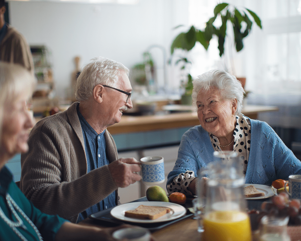 Four elderly people are sitting at a table in a bright kitchen, smiling and engaging in conversation. There are plates with toast, a pear, and a glass of orange juice on the table. The background features a large window, a green plant, and kitchen shelves.
